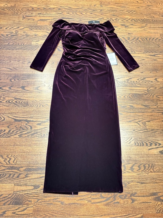 Xscape Dresses & Skirts - Xscape Off-Shoulder Velvet Maxi Dress in Plum/Maroon MOB/MOG